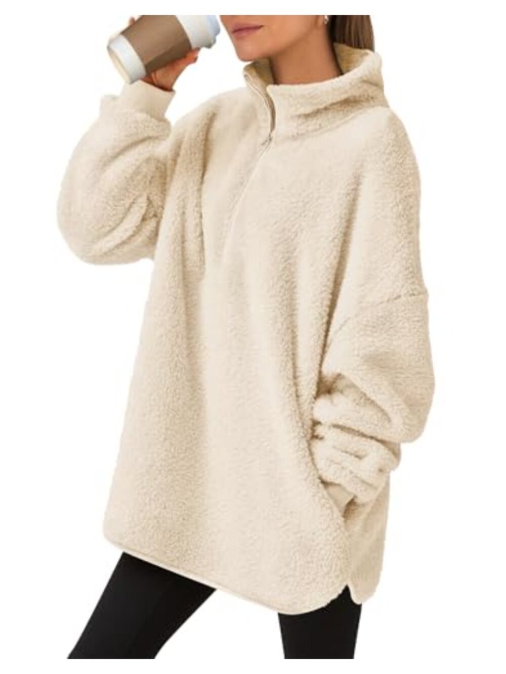 Oversized Sherpa Fleece Half Zip Hoodie Sweatshirt Cozy Pullover Soft